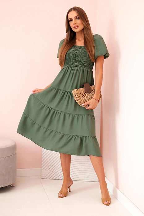 Sukienka damska khaki midi bufiaste rękawy wiskoza