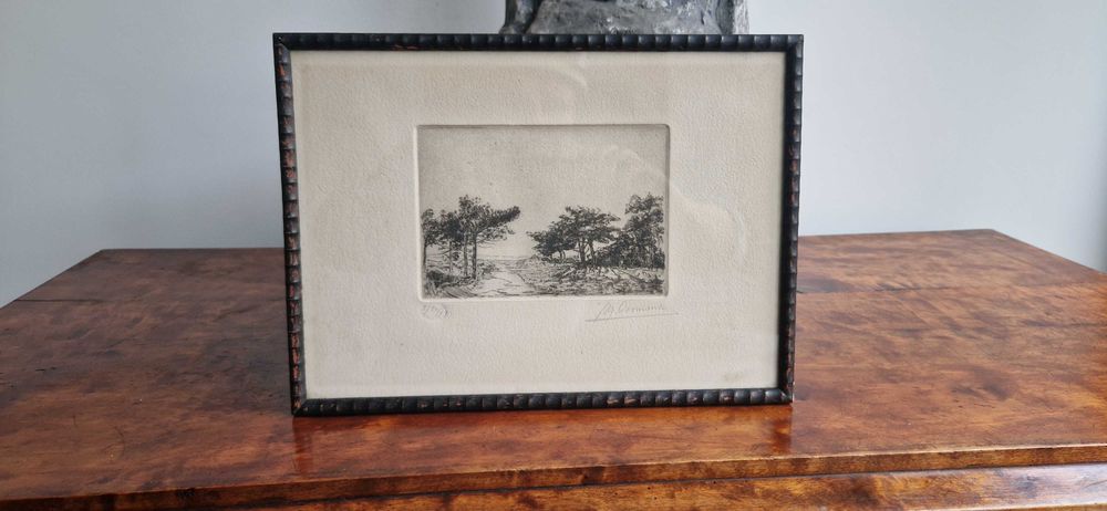 Litografia akwaforta pezjaż z drzewami aukcyjna sygnowana limitowana