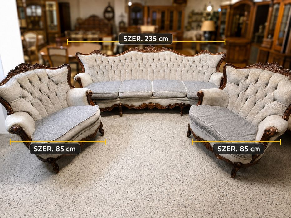 LUDWIKOWSKI KOMPLET WYPOCZYNKOWY 3+1+1 – stylowa sofa + 2 fotele, rzeźbione drewno DOWÓZ DO DOMU