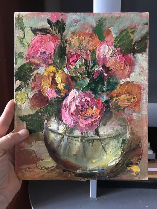 Картина маслом 20x20 см Море Лодки Маки Морской пейзаж