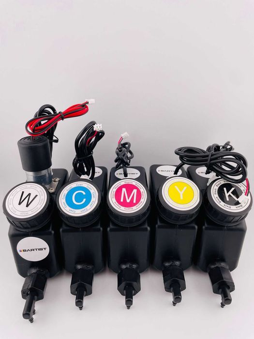 Pojemniki na tusz UV/DTF CMYK+W 260 ml czujnik poziomu z mieszadłem