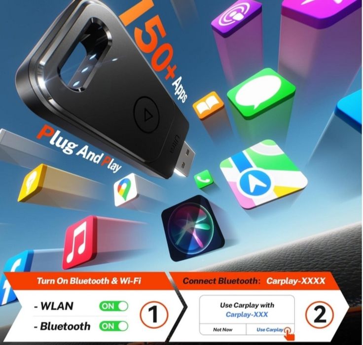 Cleviton Bezprzewodowy adapter do Apple Carplay, Plug&Play, BT 5.3 i