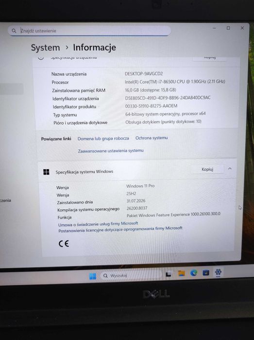 Laptop Dell Latitude 5590 i7-8650U, SDD 256 GB, 16 GB RAM DOTYKOWY EKRAN