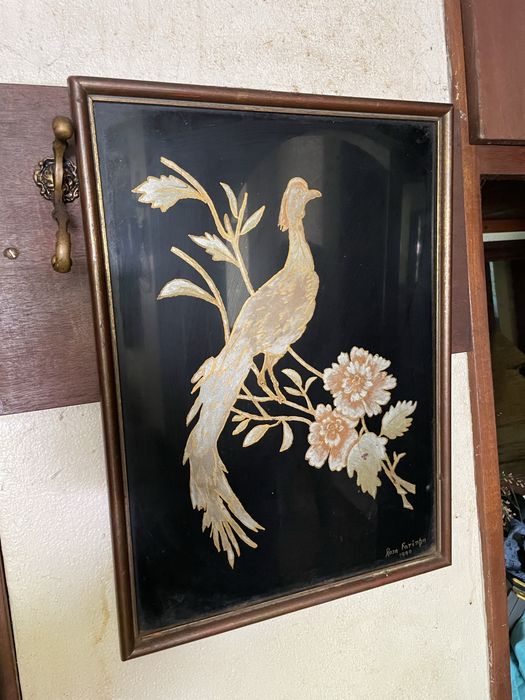 Quadro vintage pintado à mão com motivo de ave (Rosa Farinha, 1990)