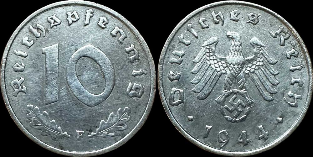 10  Reichspfennig - 1944  - Alemanha - F - Stuttgart (Zinco)