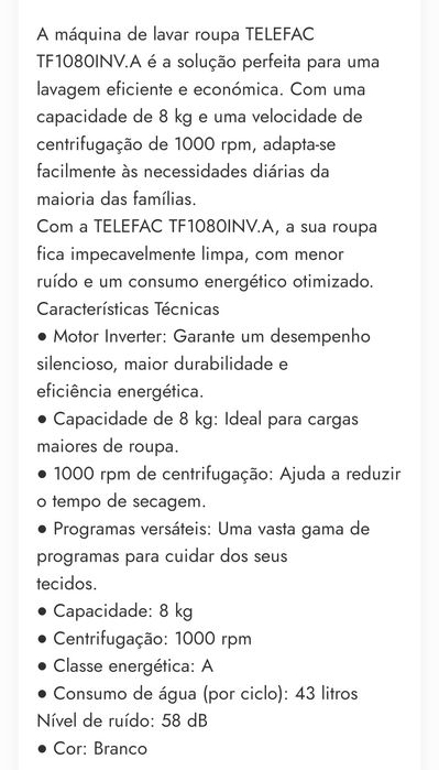 Máquina de lavar 8kg telefac (nova)