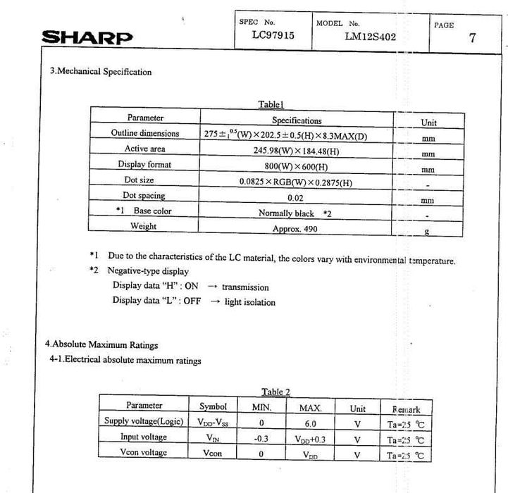 SHARP LM12S402  Wyświetlacz LCD-TFT 12.1"