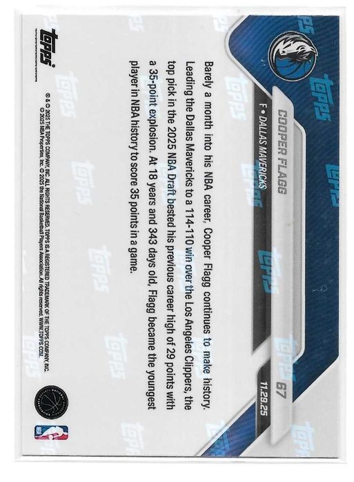Cooper Flagg Topps Now 67 NBA Rookie RC Dallas Mavericks