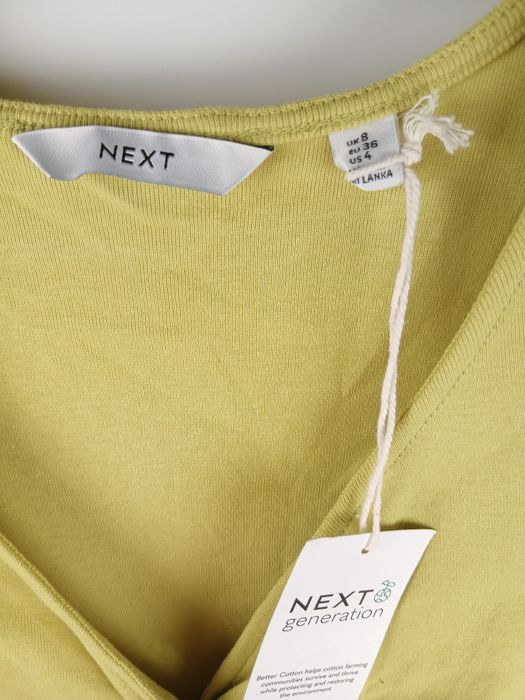 Bluzka NEXT żółta twist dekolt V bawełna dopasowana rozm 36 S