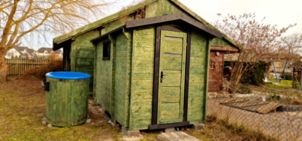 sauna ogrodowa piec harvia , opalany od wewnątrz, sauna + przedsionek