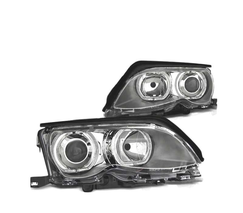 FARÓIS BMW E46 01-05 ANGEL EYES LED CROMADO