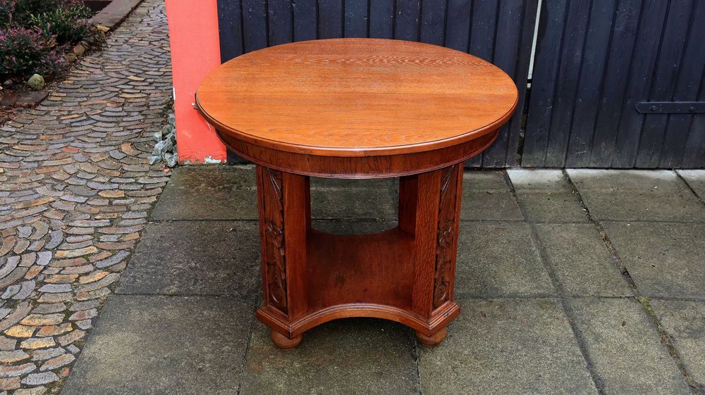 Unikatowy Okrągły Stół Stolik Kawowy Dąb Antyk Plus Szyba Po Renowacji