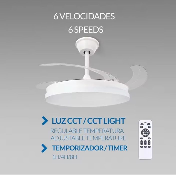 Ventilador de Teto C/Luz LED Ventoinha C/ Pás Retrácteis