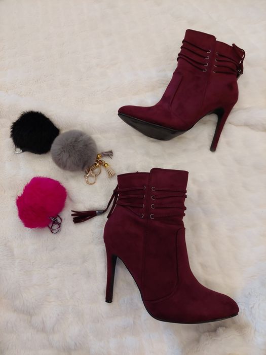 Piękne bordowe botki 38 zamsz lekko ocieplane szpilka