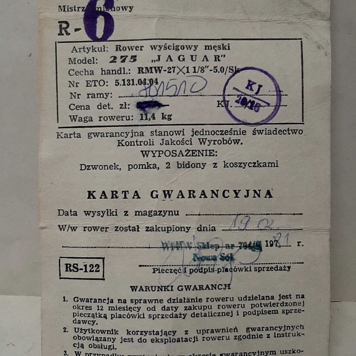 Jaguar 275 karta gwarancyjna 1981r.