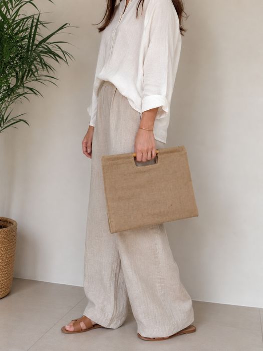 Mala de Mão em Juta / Ráfia com Pegas de Madeira – Estilo Boho / Verão - Nova!