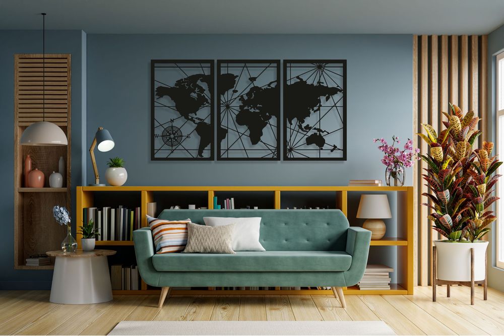 Mapa Świata 3D Obraz Ażurowy Tryptyk XXL Dekoracja Ścienna