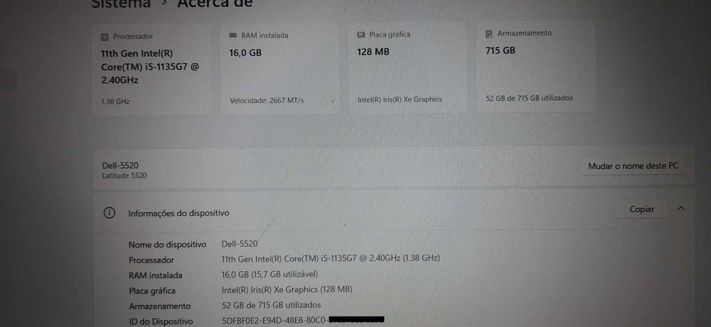 Portátil / Labtop Dell Latitude 5520 11ªG| 15.6"-IPS | i5-1135G7 | 16G/32G DDr4 | 512G + 256G |M| W11