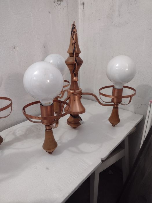 Lampa ozdobna miedź + drewno