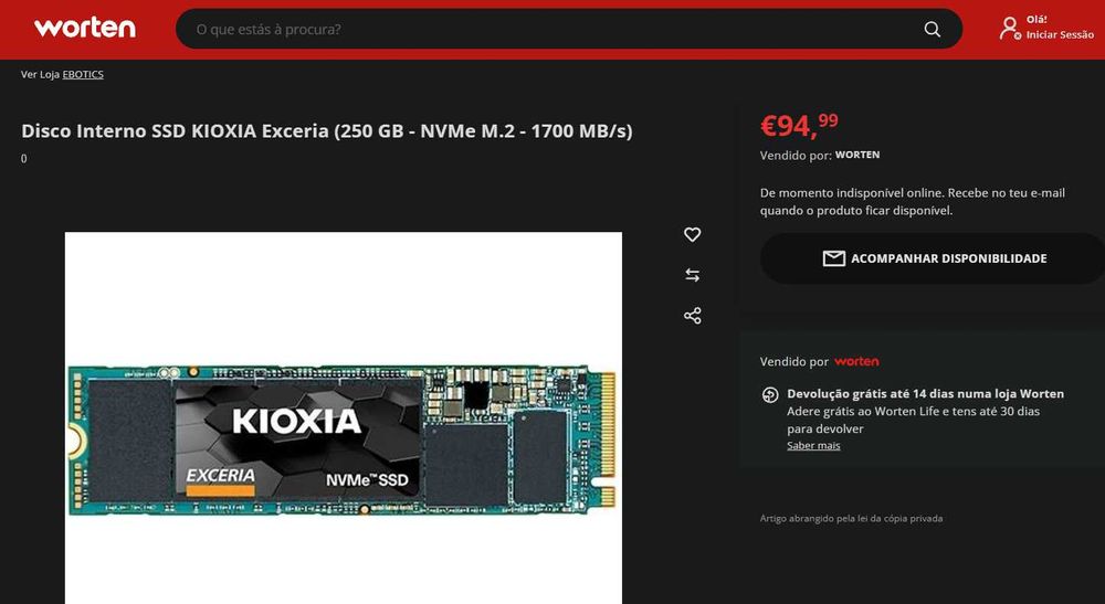 SSD Kioxia 250GB NVMe
