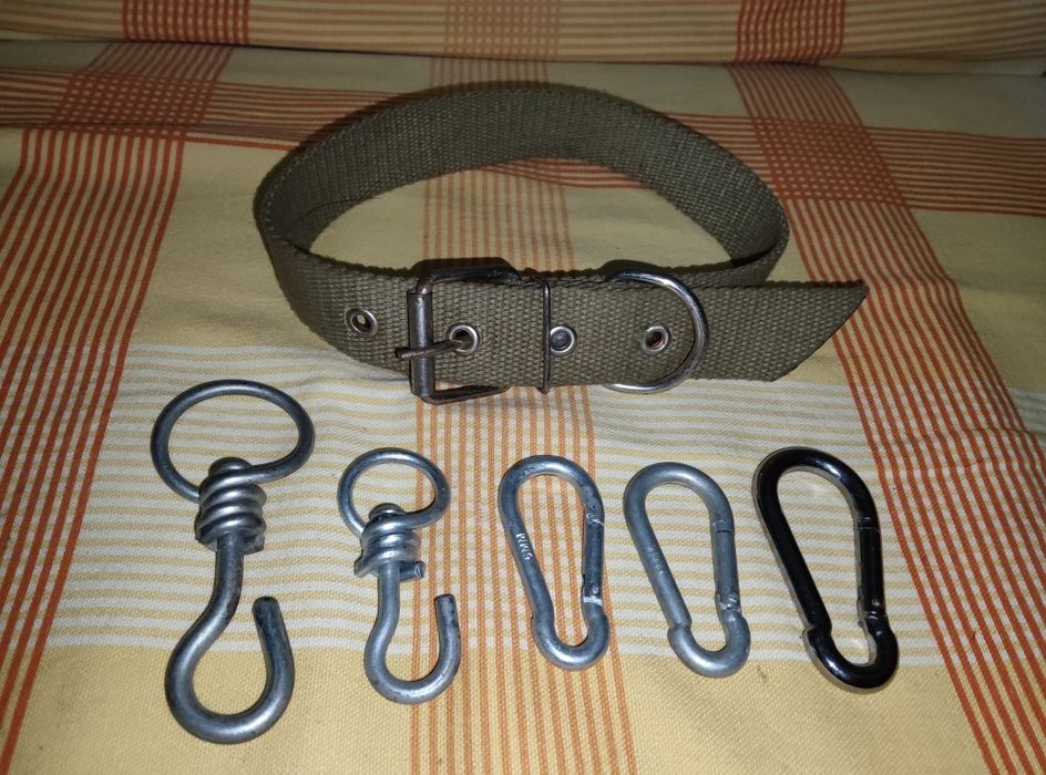 Брезентовый ошейник и поводок, карабины,вертушки на цепь.