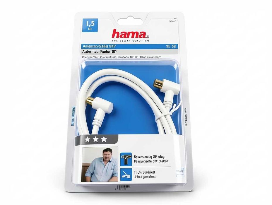 N252 Kabel Antenowy Hama 95dB Koaksjalny 1,5m Wtyk Gniazdo Kątowe 90