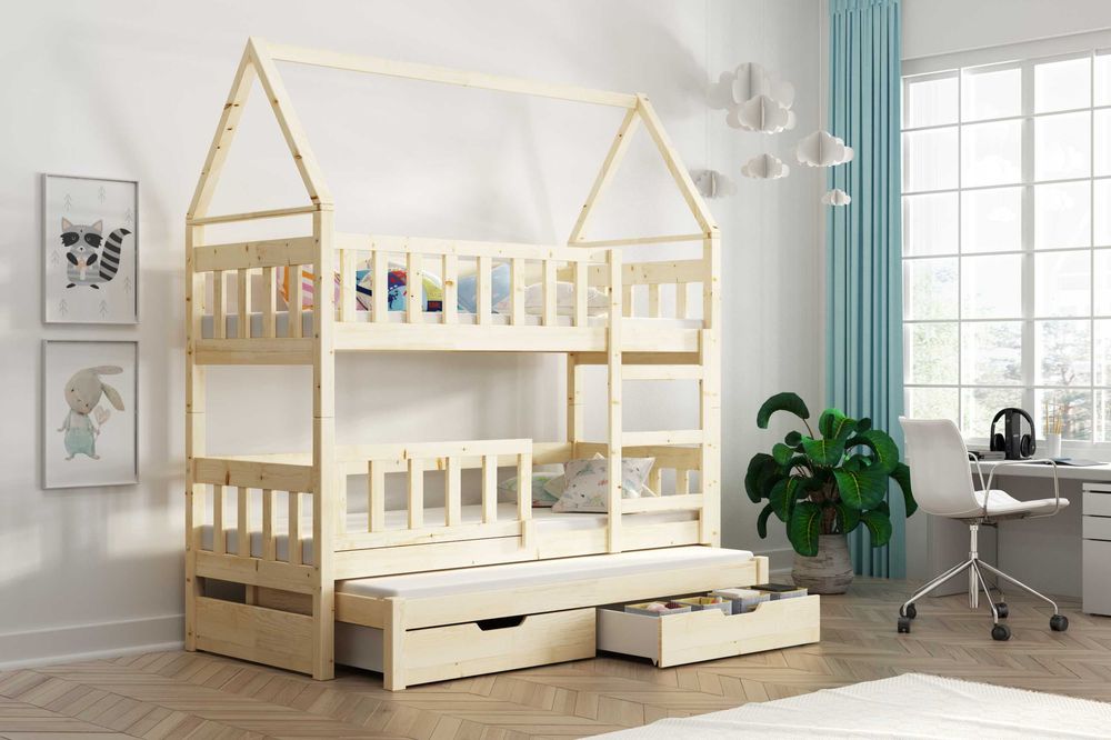 Piętrowe łóżko sosnowe OLA z materacami 3 os. - Od producenta