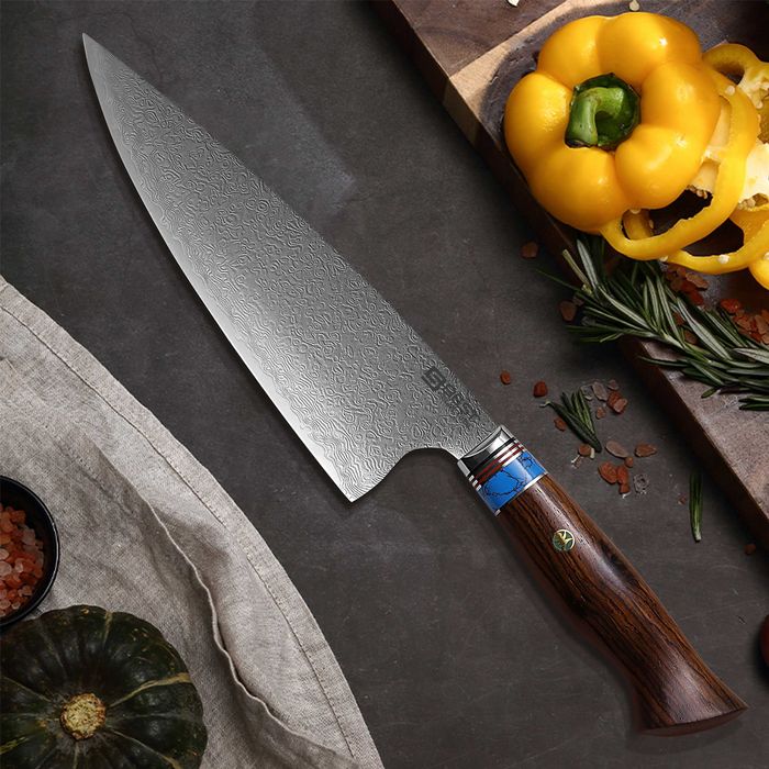 Profesjonalny Nóż Szefa Kuchni Stal Damasceńska Uchwyt Drewno, Kuty