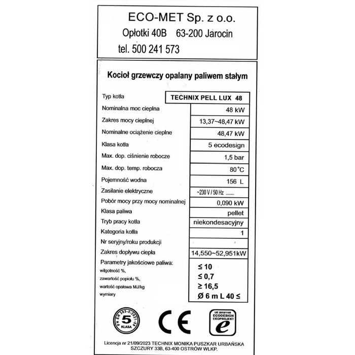 Kocioł pelletowy TECHNIX PELL LUX 48kW – 5 Klasa ECODESIGN Lista ZUM