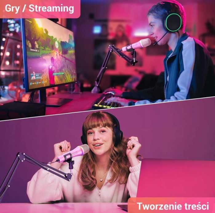 Tonor Mikrofon Dynamiczny USB Typ C RGB Różowy do Gier Podcast Karaoke