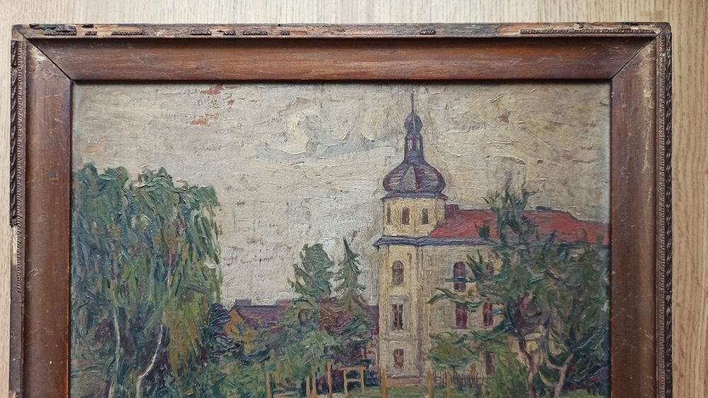 Stary obraz olejny - Architektura / Dworek - Przedwojenny - Klimat