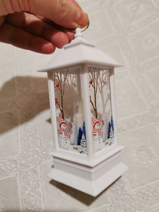 Bożonarodzeniowy lampion latarnia biała Bałwanek Ptaszki ozdoba świąt