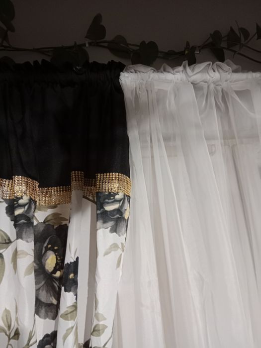Nowy prześliczny komplet szaro czarne zasłony i biały woal 400x160