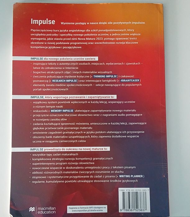 Sprzedam podręcznik "Impulse 2" – Macmillan Education, poziom A2+/B1, język angielski dla szkół ponadpodstawowych.