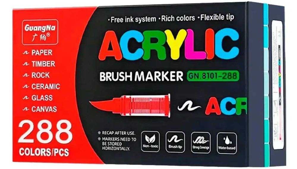 Акрилові маркери GuangNa Acrylic Brush Marker GN.8101 | Акрилові художні маркери 288 шт з пензликовим наконечником