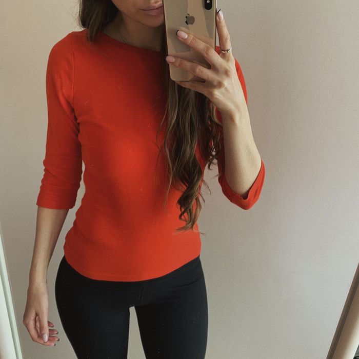 czerwony sweterek prążki bluzka basic 3/4 rękaw