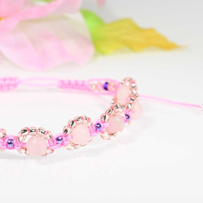 Bransoletka Kwarc różowy makrama Byk, Panna, Waga