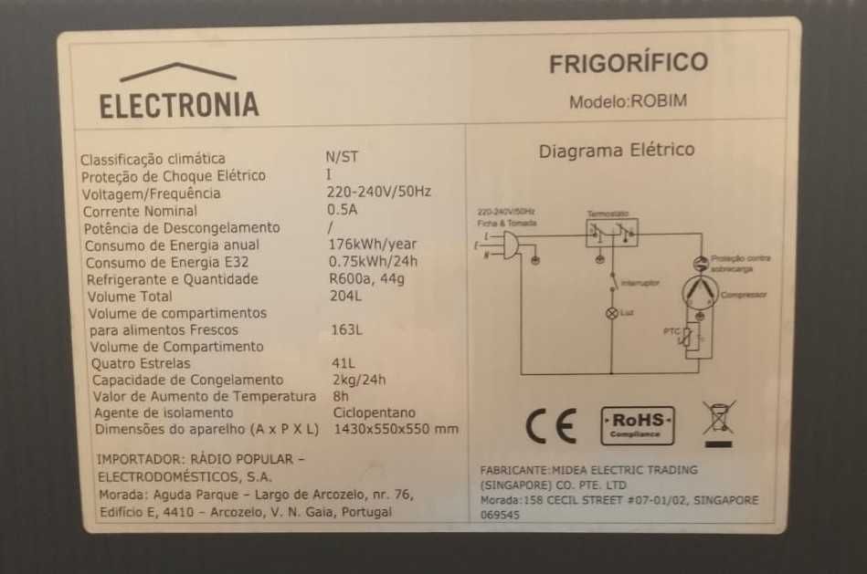 Frigorifico Electronica Robim 143cm 204L Branco
