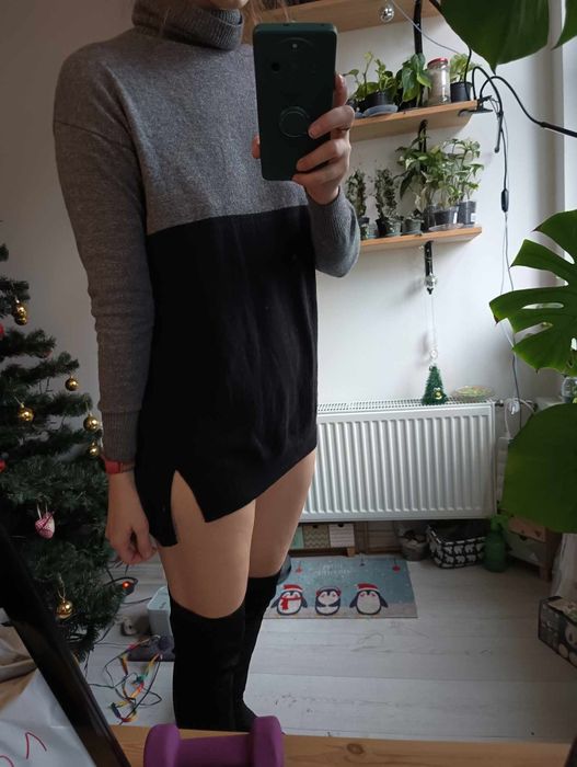 Sweter długi, golf szary czarny z wiskozy i wełny, wełna i kaszmir 38