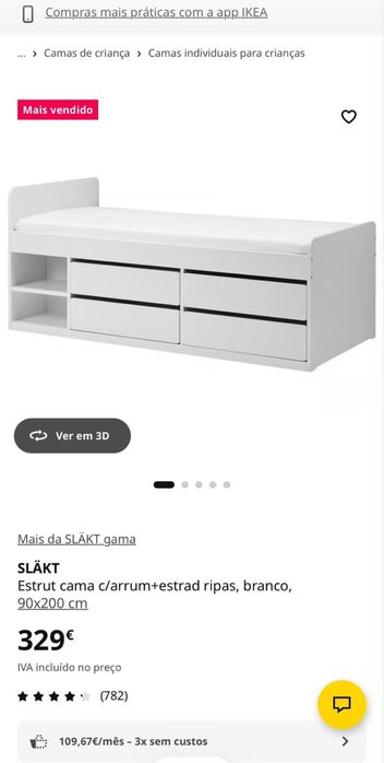 Cama Ikea 90x200 com estrado e colchão