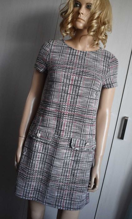 Sukienka 36 S w kratkę kratę mini krótka elegancka luźna trapezowa