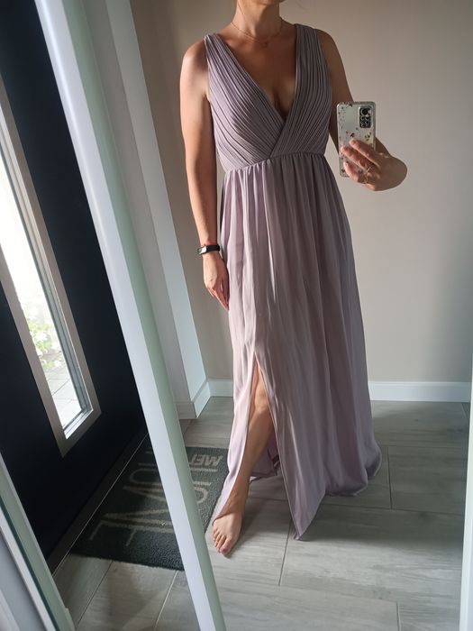 Piękna długa sukienka różowa szyfonowa na wesele z dekoltem M tfnc