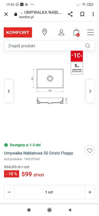 Zestaw umywalka plus blat nowe, powystawowe