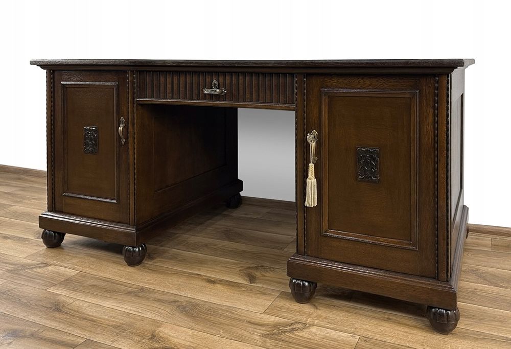 BIURKO ANTYCZNE ANTYK dwustronne dębowe, płaskorzeźby, 4 szuflady