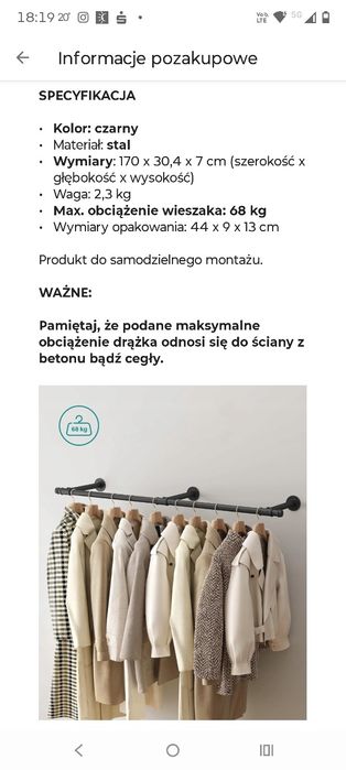 Wieszak ścienny,drążek czarny