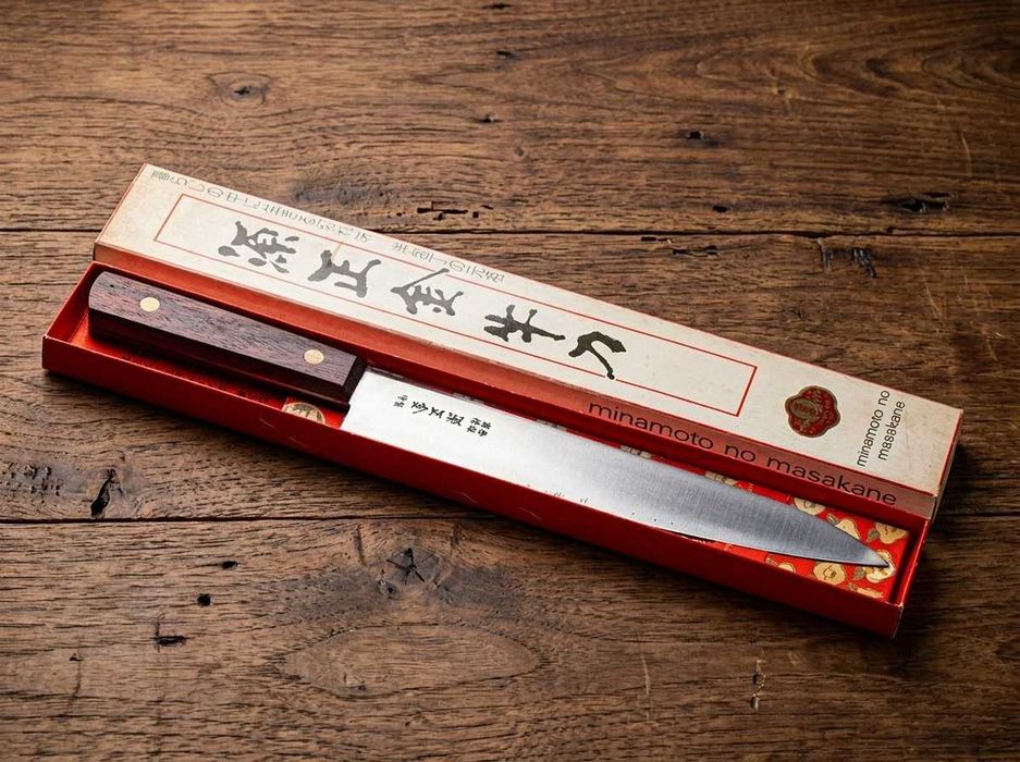 Kultowy Japoński Nóż Szefa Gyuto Minamoto no Masakane Stal Węglowa NOS Vintage 210 mm