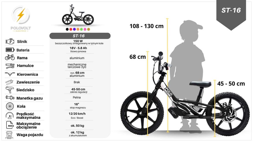 Rowerek Biegowy Elektryczny POLOVOLT ST-16 Niebieski Mini Cross