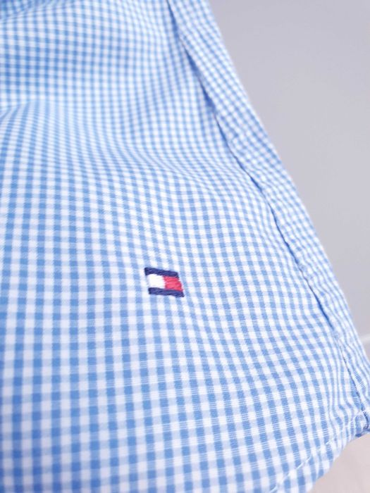 Biała koszula z krótkim rękawem niebieska kratka Tommy Hilfiger 32 34