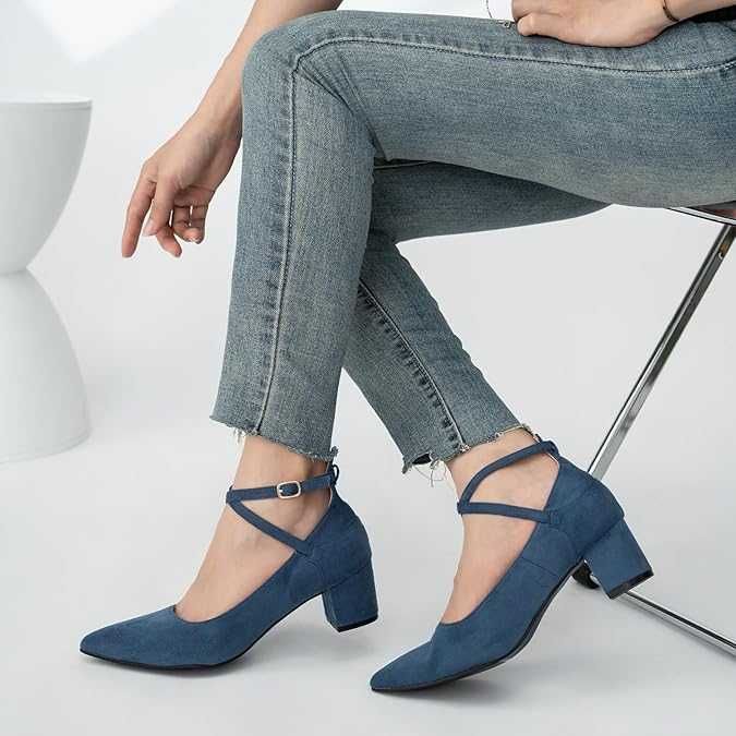 Niebieskie buty czółenka na słupku a'la zamszowe klasyczne szpic 41