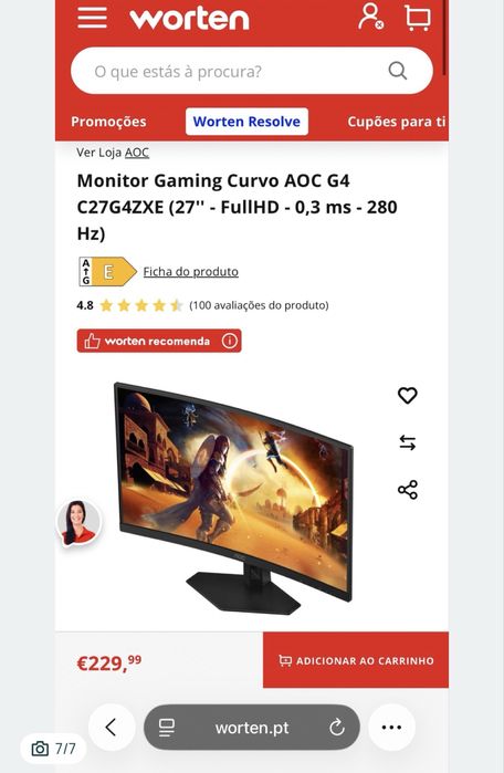 Monitor Gaming Curvo AOC 280HZ
